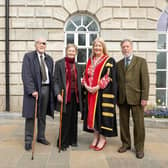 Mayor of Ards and North Down councillor Karen Douglas with Lady Rose and Peter Lauritzen of Mount Stewart Estate and Chris Spurr, chairman of the Ulster History Circle, pictured at the unveiling of a blue plaque to commemorate Viscount Castlereagh at Ards Arts Centre, Town Hall, Newtownards on April 19