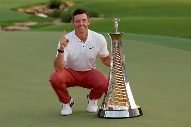 Rory McIlroy of Northern Ireland poses with the DP World Tour Championship trophy during Day Four of the DP World Tour Championship on the Earth Course at Jumeirah Golf Estates on November 20, 2022 in Dubai, United Arab Emirates. (Photo by Andrew Redington/Getty Images)