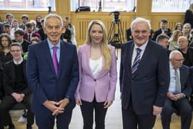 The BBC Ireland correspondent Emma Vardy with former prime minister Sir Tony Blair and former taoiseach Bertie Ahern. The presenter has said has said she is “smitten and so in love” after welcoming her baby son.