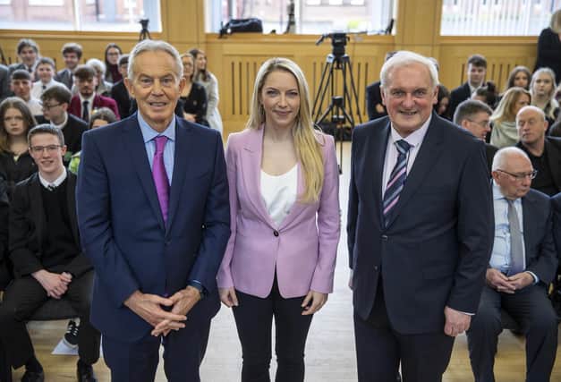 The BBC Ireland correspondent Emma Vardy with former prime minister Sir Tony Blair and former taoiseach Bertie Ahern. The presenter has said has said she is “smitten and so in love” after welcoming her baby son.