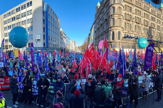 Public sector workers take part in a rally at Belfast City Hall, as an estimated 150,000 workers take part in walkouts over pay across Northern Ireland.