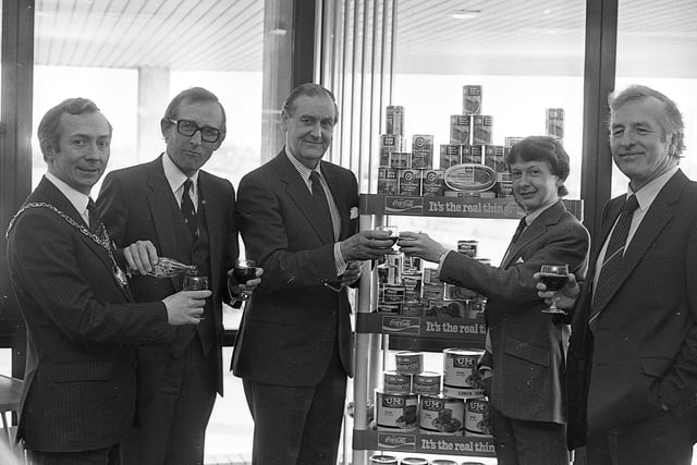 Toasting the new Glenbrook Foods Company in glasses of Coca-Cola in January 1983 are, left to right, the Mayor of Craigavon Councillor Samuel Gardiner, Mr Harold McCusker, MP, Mr A Terence Robinson, the chairman of Coca-Cola Bottlers (Ulster) Ltd, Mr Terry Johnston, managing director of Ulster Meats, and Mr Don Best, a director of UM. The new company was the result of the takeover of the Ulster Meats Cannery division by the Coca-Cola Company, which was announced at Craigavon Civic Centre. Picture: News Letter archives