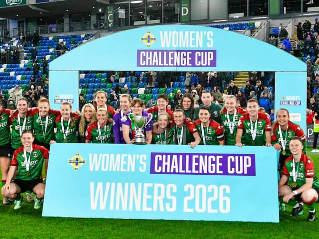 Glentoran celebrate Women’s Challenge Cup glory over Cliftonville. (Photo by Andrew McCarroll/Pacemaker Press)