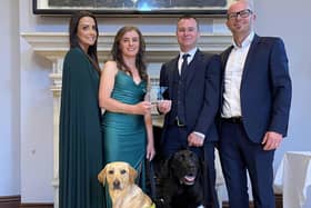 K9 Search and Rescue, a charity based in NI that rescues people around the world, has won the prestigious 999 Hero Award at the Spirit of NI. The dogs include Max, the black Labrador is a lifesaver who rescued two women from the rubble following the earthquake in Turkey earlier this year. The other rescue dog is called Koda and she is a trainee who will hopefully graduate in August – tails crossed! Pictured are Monica Hughes, director, Shield Accident Management, who are sponsors of the 999 Hero category at the Spirit of NI Awards, is joined by award winners from K9 Search and Rescue NI, Shauna Harper from Rostrevor with trainee rescue dog, Koda (1), Ryan Gray from Bangor with lifesaver, Max (8), and Maurice Hughes