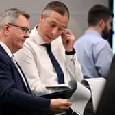 DUP Leader Jeffrey Donaldson and Paul Givan at a Northern Ireland's Assembly Election at the Jordanstown count in Ulster University  (Photo by Jeff J Mitchell/Getty Images)