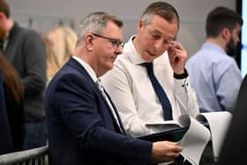 DUP Leader Jeffrey Donaldson and Paul Givan at a Northern Ireland's Assembly Election at the Jordanstown count in Ulster University  (Photo by Jeff J Mitchell/Getty Images)