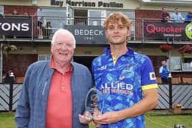 Luan Liebenberg collects his 'Player of the Match' award after his role in Armagh's T20 Trophy win. (Photo by NCU)