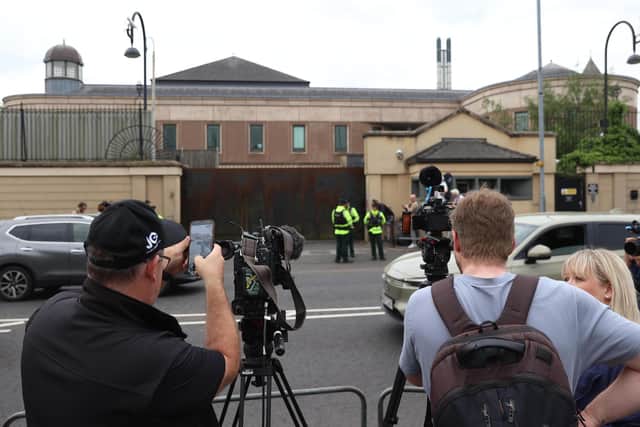 Members of the media outside Newry Crown Court, where former DUP leader Sir Jeffrey Donaldson was found guilty of 18 historical sex offences. Picture: Liam McBurney/PA Wire