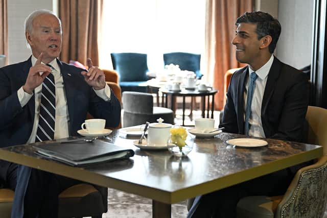 US President Joe Biden meets with Prime Minister Rishi Sunak in Belfast on April 12, 2023, as part of a four day trip to Northern Ireland and Ireland for the 25th anniversary commemorations of the Good Friday Agreement. Photo by Jim WATSON / AFP via Getty Images