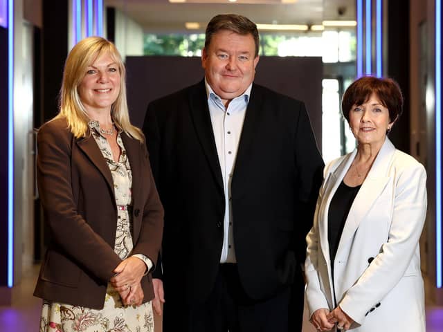Suzanne Wylie (NI Chamber), Brian Murphy (BDO NI) and Maureen O’Reilly (Economist for the Quarterly Economic Survey)