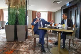 Prime Minister Rishi Sunak (right) meets with US President Joe Biden at the Grand Central Hotel in Belfast, during his visit to the island of Ireland. Picture date: Wednesday April 12, 2023.