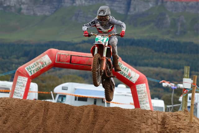 Omagh’s Lewis Spratt on his way to victory in the B/W85 class at Magilligan MX Park.