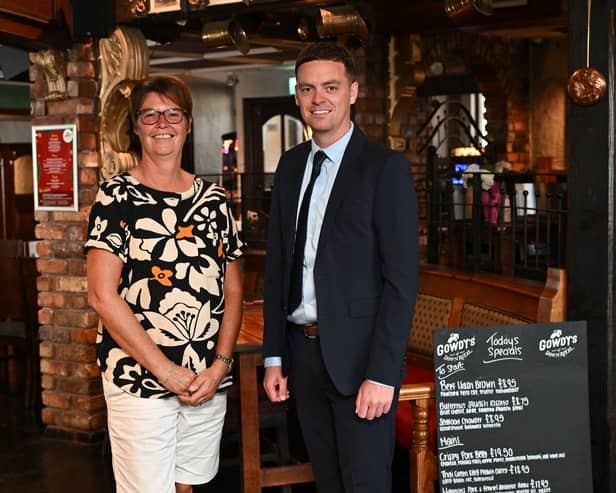 Situated next to Down Royal Racecourse, country gastropub Gowdy’s of Down Royal has been acquired by its long-term lessees as part of a six-figure investment supported by Ulster Bank. Pictured at Gowdy’s are owner Tara Walsh and Ulster Bank business development manager Lee White