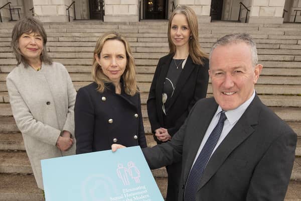 Welcoming the new guide ‘Eliminating Sexual Harassment from the modern workplace’ is Minister for the Economy, Conor Murphy, with co-authors, Clare Moore, equality office, ICTU and Claire Webb, equality, diversity and inclusion manager, LRA along with Lorraine Acheson, managing director, Women in Business