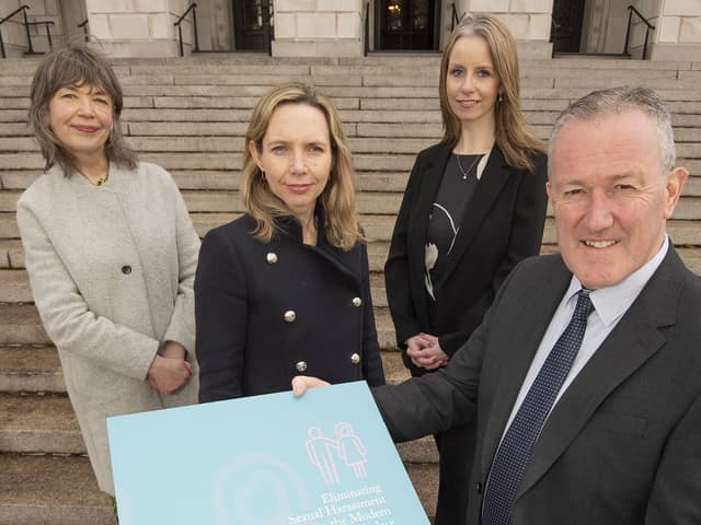 Welcoming the new guide ‘Eliminating Sexual Harassment from the modern workplace’ is Minister for the Economy, Conor Murphy, with co-authors, Clare Moore, equality office, ICTU and Claire Webb, equality, diversity and inclusion manager, LRA along with Lorraine Acheson, managing director, Women in Business