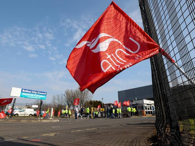 Unite the Union members during a protest in March outside Duncrue Road Belfast City Council offices in an attempt to get better working conditions and wages due to the rising costs of living. Photo by Presseye/Philip Magowan