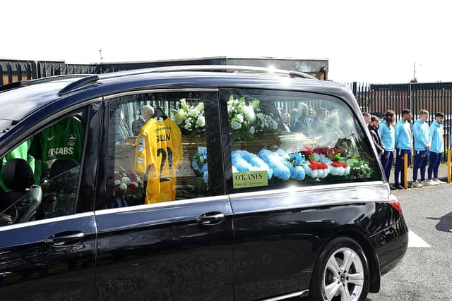 Pacemaker Press Belfast 10-04-2023: The funeral of a young footballer who died following a road accident in Newtownabbey took place on Monday.
Aodhán Gillen (22) had been injured in an accident on March 14. Police said that Mr Gillen, a pedestrian, had been involved in a collision with a Grey Volkswagen Tiguan in the Scullions Road area of Newtownabbey.
Aodhán’s funeral mass took place in St Bernard’s Church, Glengormley, on Monday.
Picture By: Arthur Allison/Pacemaker.