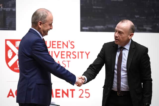 Tanaiste Michael Martin (left) and Northern Ireland Secretary Chris Heaton-Harris attending the three-day international conference at Queen's University Belfast to mark the 25th anniversary of the Belfast/Good Friday Agreement.