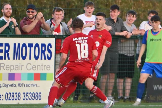 Craig Taylor celebrates giving Annagh United a play-off first-leg lead over Dungannon Swifts