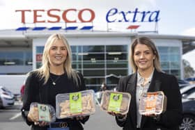 One of Ireland’s best known chicken brands, Moy Park, has secured a contract to list four core fresh coated chicken products into all Tesco stores across Northern Ireland. Pictured are Katie Clague, Tesco commercial executive, Moy Park and Rosanna Neale, assistant trading manager, Tesco NI meat fish and poultry