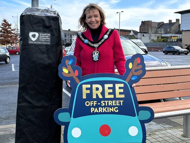 Lord Mayor Alderman Margaret Tinsley announces free parking in council-owned off-street pay-and-display car parks in Armagh City, Banbridge, Lurgan and Portadown on Saturday, December 2, 9, 16 and 23. Picture: ABC Borough Council.