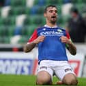 Matthew Clarke celebrates scoring for Linfield against Loughgall during the most recent season. PIC: INPHO Brian Little