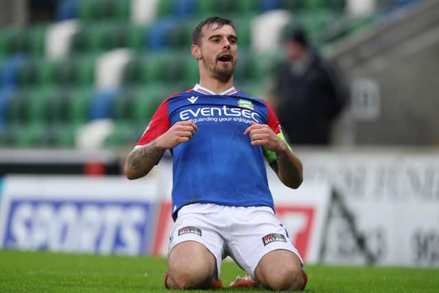 Matthew Clarke celebrates scoring for Linfield against Loughgall during the most recent season. PIC: INPHO Brian Little