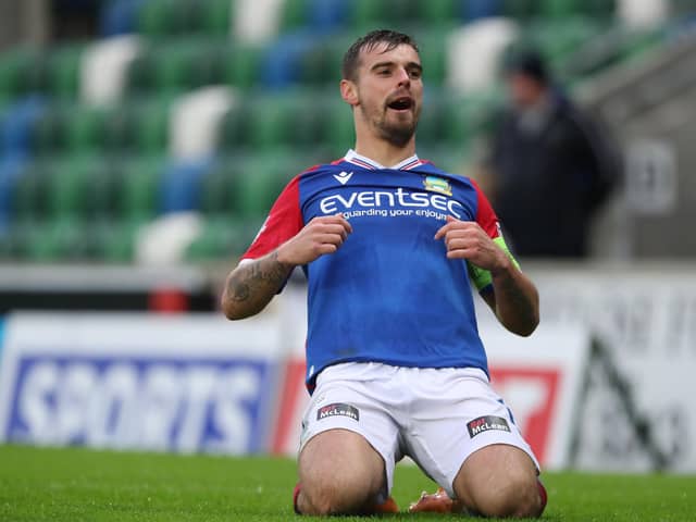 Matthew Clarke celebrates scoring for Linfield against Loughgall during the most recent season. PIC: INPHO Brian Little