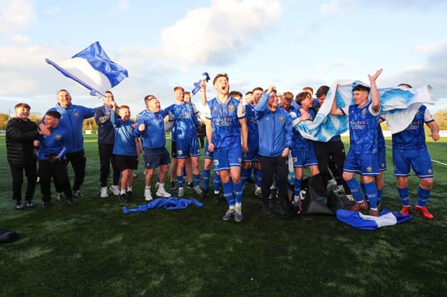 Limavady United celebrating securing the Playr-Fit Championship title on Saturday with a 2-0 win at Annagh United. (Photo by Paul Harvey/NIFL)