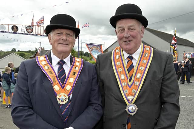 Edward Stevenson, Grand Master of the Grand Orange Lodge of Ireland with County Grand Master Richard Fleming at the Loughbrickland Twelfth. Photo: Paul Byrne Photography