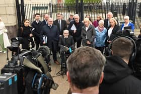 Kingsmills families and supporters face the media last month after the end of the inquest into the atrocity.  Pic: Oliver McVeigh/PA Wire