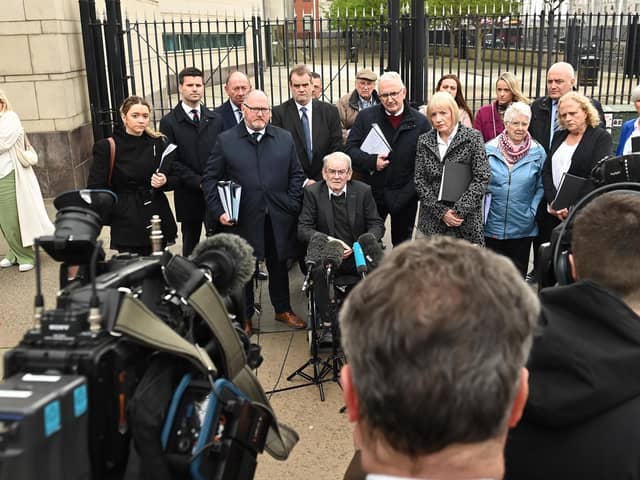 Kingsmills families and supporters face the media last month after the end of the inquest into the atrocity.  Pic: Oliver McVeigh/PA Wire