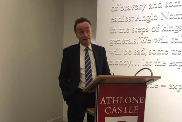 Ian Jeffers, the commissioner for the Commission for Victims and Survivors, addressing victims of the Troubles from the Republic of Ireland at the Tribute to Innocents Exhibition at the Athlone Castle Visitors museum on Thursday evening. Photo: SEFF