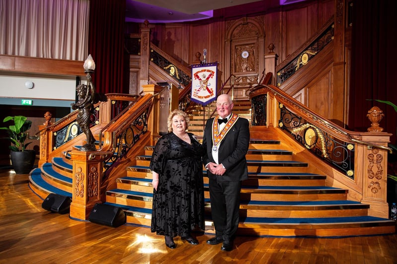 The Grand Master of the Grand Orange Lodge of Ireland, Edward Stevenson, welcomes the Lord Lieutenant for the County Borough of Belfast, Dame Fionnuala Jay - O’Boyle, to Titanic Belfast where the Orange Institution celebrated the coronation of King Charles III with a gala dinner