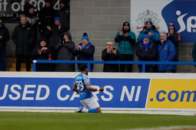 Glenavon striker Lido Lotefa celebrates after finding the back of the net in last weekend's success against Dungannon Swifts