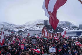 People protest against Trump's policy towards Greenland in front of the US consulate in Nuuk, Greenland, on Saturday