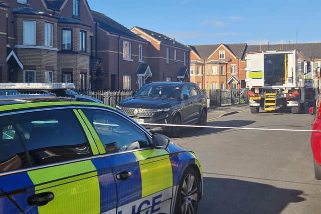 Police vehicles on the scene in North Belfast this morning. Photo: Iain Gray/News Letter