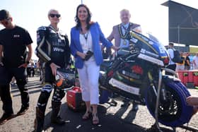 Deputy First Minister Emma Little-Pengelly visited the North West 200 and spoke to Maria Costello and Mayor Steven Callaghan