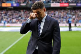 Rangers' James Tavernier in tears as he is presented to the fans ahead of the William Hill Premiership match at Ibrox Stadium on Wednesday. (Photo by Steve Welsh/PA Wire)