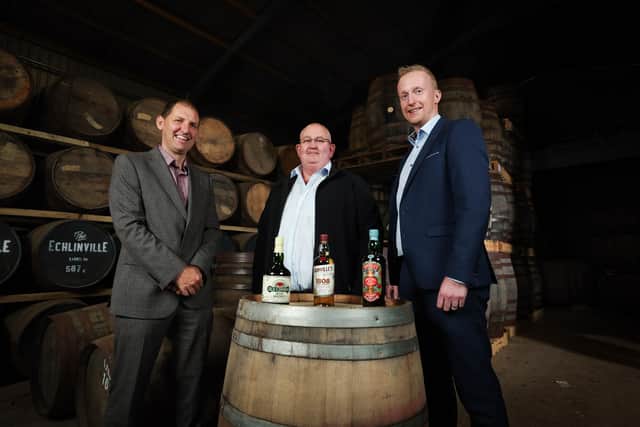 Echlinville Distillery, with support from Bank of Ireland UK, have purchased the iconic Ards Maltings building on the Portaferry Road, with a view to restoring the malting process on site and increasing their capacity to malt locally produced barley. The £5 million investment means that Echlinville will be the only distillery in Ireland with the capacity to produce, malt, ferment and distil their spirit from field to glass, and enable the distillery to malt barley on an industrial scale. Pictured is Gavin North, senior business manager, Bank of Ireland UK, Shane Braniff, owner, The Echlinville Distillery and Niall Devlin, head of business banking, Bank of Ireland UK