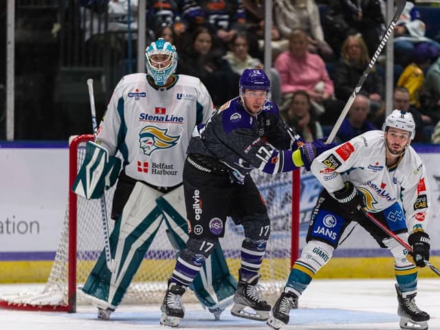 Belfast Giants goalie Tyler Beskowarany and defenceman Jeff Baum in action  during last Friday's game against the Glasgow Clan at Braehead. It was a game that the Giants went on to win 4-2. Picture: Al Goold