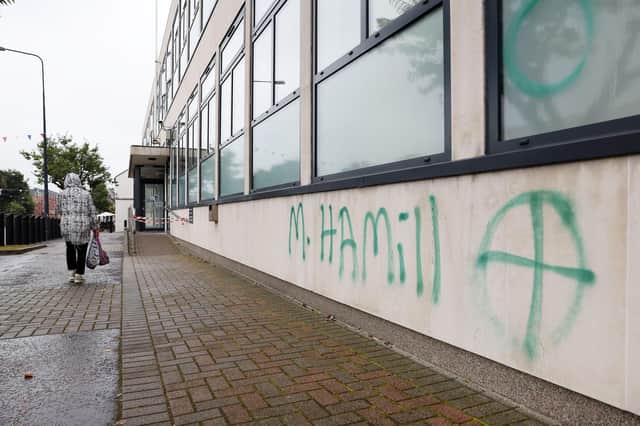 Threatening grafitti at Newtownards Court, Co. Down. Photo: Jonathan Porter / Press Eye.