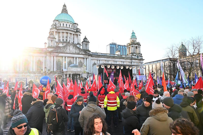 Thousands of public sector workers are staging rallies during what is being billed as Northern Ireland's largest strike in 50 years.