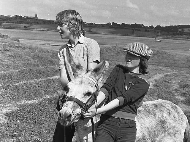 Fred the donkey made such an obstinate ass of himself in August 1980 that he had to be withdrawn from the Strangford Festival donkey derby. It took the combined strength of Ciara Sampson and Maura Savage to get him out of the way. Picture: News Letter archives/Darryl Armitage