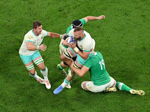 Ireland's Iain Henderson tackling RG Snyman on the way to a memorable defeat of South Africa. (Photo by Matthias Hangst/Getty Images)