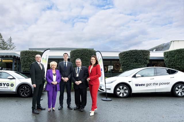 Minister of State for Transport, Mr Jack Chambers TD is pictured at the Journey to Vehicle Electrification event held at the Ballymascanlon Hotel in Dundalk to celebrate the successful delivery of the €6.4 million INTERREG VA FASTER Project which has installed 75 new rapid charging devices across Ireland and the west Scotland. Also pictured is Paul Beattie, director of programmes, SEUPB, Pamela Arthurs, chief executive, East Border Region Ltd, councillor Terry Andrews, Newry, Mourne and Down District Council and Senator Erin McGreehan. The new charging infrastructure is now accessible across 16 locations in Northern Ireland while the 14 sites in the Republic of Ireland will be available to motorists in the coming weeks