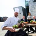 Garreth Wilson, executive head chef of Titanic Belfast is pictured with Gareth Clements of Lynas Foodservice, Tracey Rogan of Keenan Seafood, Alvin Donaghy of K&G McAtamney and Crawford Ewing of Ewing’s Seafood as the world-leading visitor attraction announces it has received MSC certified status for the fish it serves throughout its eateries. Titanic Belfast has also reaffirmed its commitment to supporting local food producers and suppliers as part of its ongoing commitment to sustainability