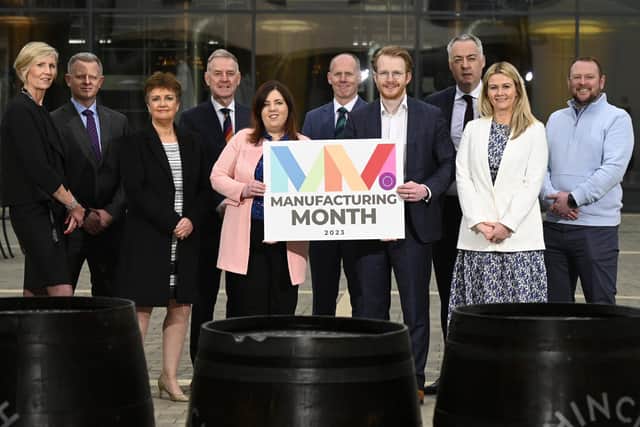 Speaking at the launch of Manufacturing Month 2023 at Hinch Distillery, Manufacturing NI chief executive Stephen Kelly said the new Brexit deal struck between the UK and the EU provides, if properly maximised, the basis to bring prosperity and economic growth across Northern Ireland. Pictured at the launch are Sheena Bohan, Atradius, Chris Guy, Mills Selig, Grainne McVeigh, Invest NI, Nigel Birney, Lockton, Joanne McEvoy, InterTradeIreland, Gavin Campbell, Barclays, William Taylor, KPMG, Gareth Hagan, OCO Global, Mary Meehan, Manufacturing NI and Patrick Moore, Flexsource