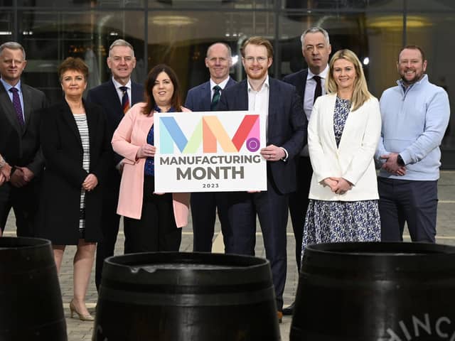 Speaking at the launch of Manufacturing Month 2023 at Hinch Distillery, Manufacturing NI chief executive Stephen Kelly said the new Brexit deal struck between the UK and the EU provides, if properly maximised, the basis to bring prosperity and economic growth across Northern Ireland. Pictured at the launch are Sheena Bohan, Atradius, Chris Guy, Mills Selig, Grainne McVeigh, Invest NI, Nigel Birney, Lockton, Joanne McEvoy, InterTradeIreland, Gavin Campbell, Barclays, William Taylor, KPMG, Gareth Hagan, OCO Global, Mary Meehan, Manufacturing NI and Patrick Moore, Flexsource