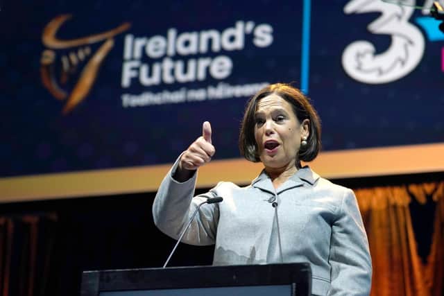 Sinn Fein leader, Mary Lou McDonald speaking at a rally for Irish unification organised by Ireland's Future at the 3Arena in Dublin in October.